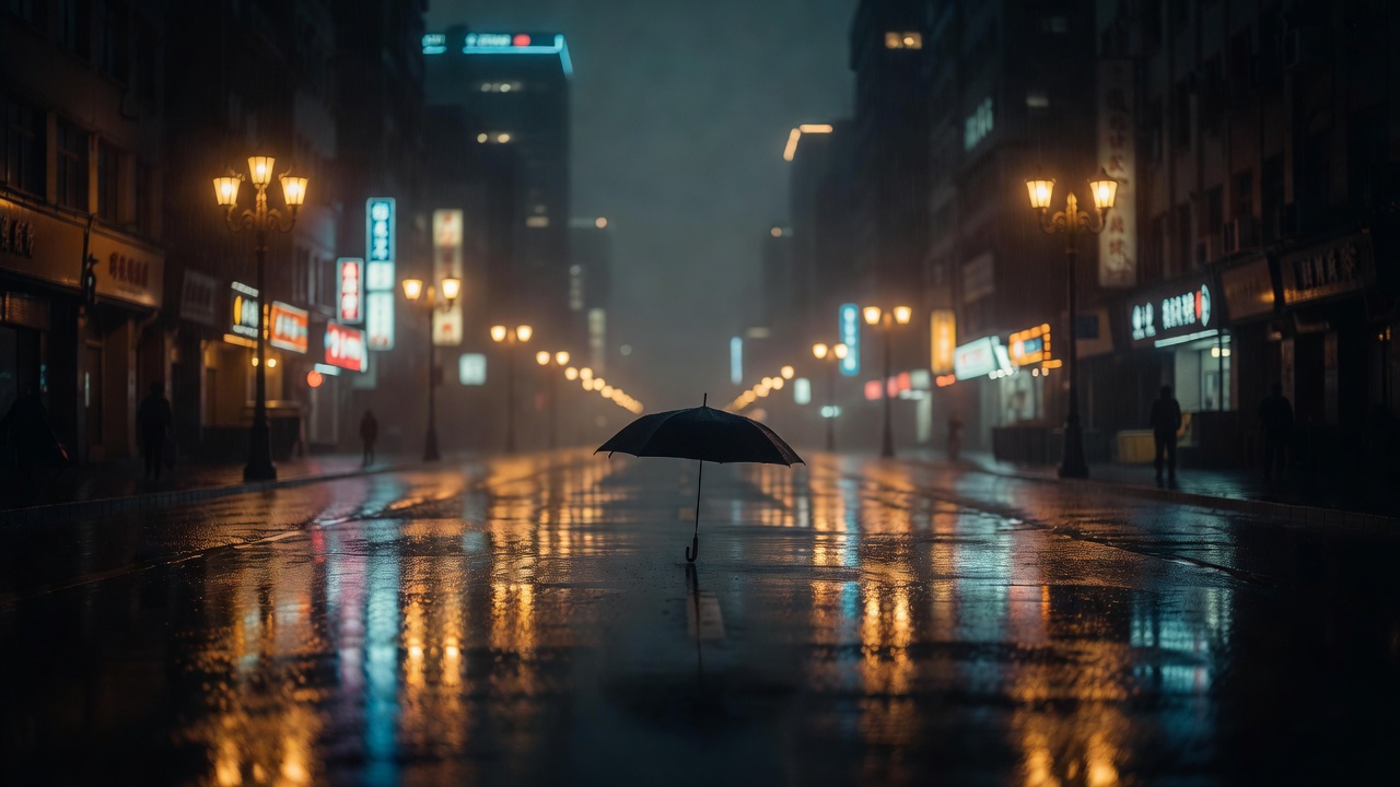 雨夜街头一把伞下的两人剪影，冷色调路灯与水面倒影，日韩剧质感画面